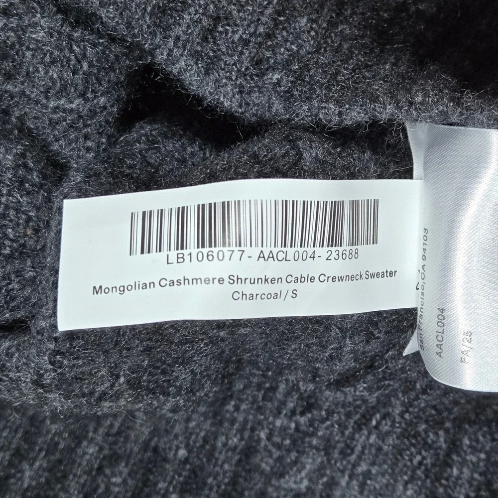 Quince Mongolian Cashmere Shrunken Cable Crewneck Sweater Charcoal Grey Small